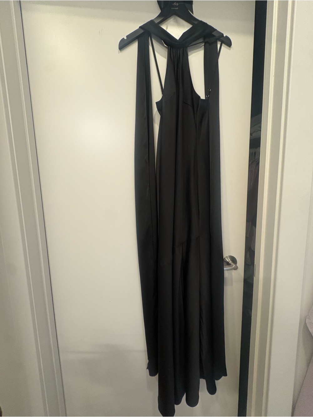 Azazie Black Halter Draped-Back Wide-Leg Jumpsuit with Flowing Panels